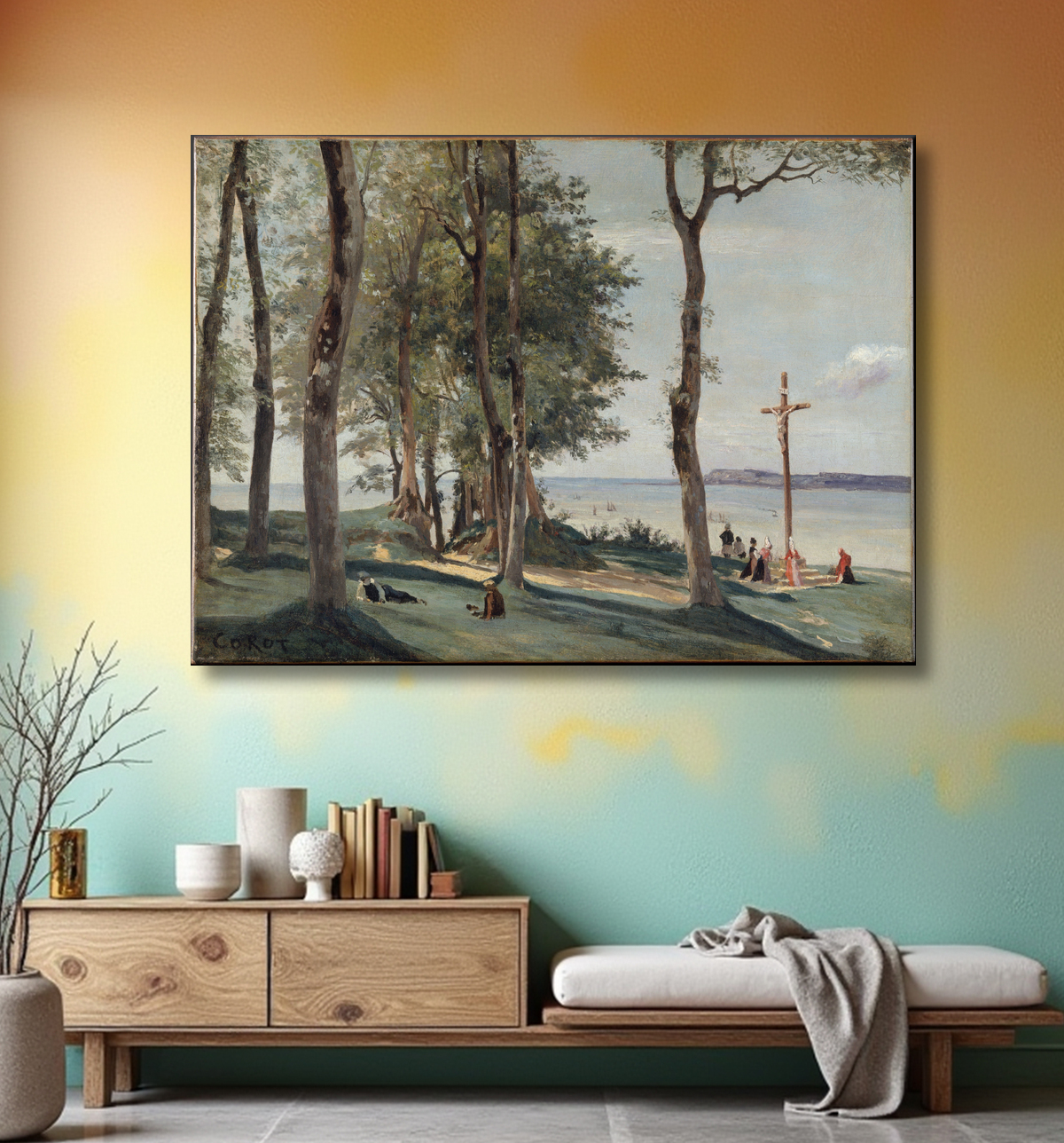 Reproduction Honfleur: Calvary de Camille Corot avec decor