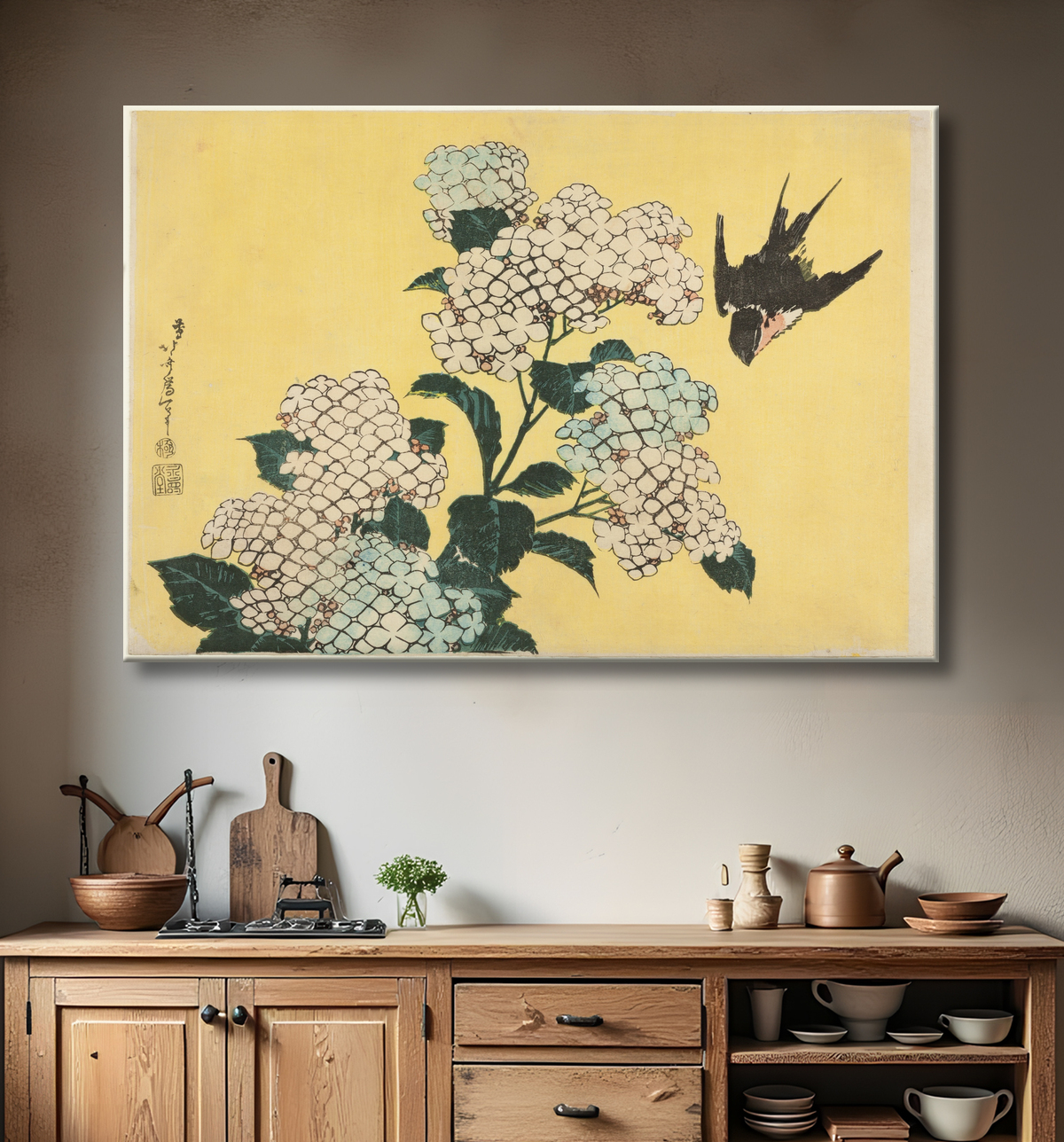 Reproduction Hortensia et Swallow, d'une série sans titre de grandes fleurs de Katsushika Hokusai avec decor