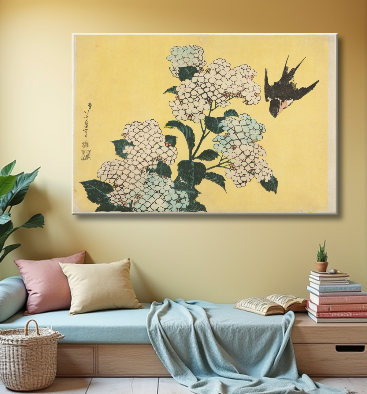 Reproduction Hortensia et Swallow, d'une série sans titre de grandes fleurs de Katsushika Hokusai avec decor
