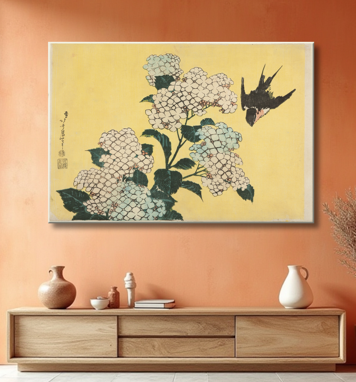 Reproduction Hortensia et Swallow, d'une série sans titre de grandes fleurs de Katsushika Hokusai avec decor
