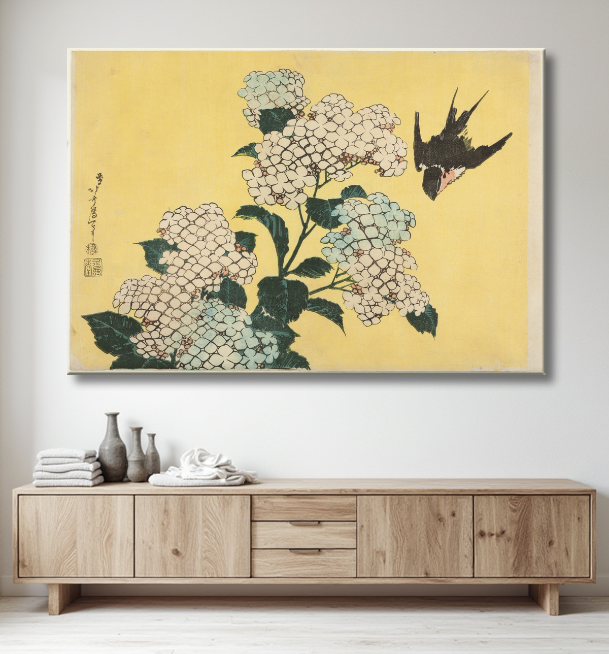 Reproduction Hortensia et Swallow, d'une série sans titre de grandes fleurs de Katsushika Hokusai avec decor