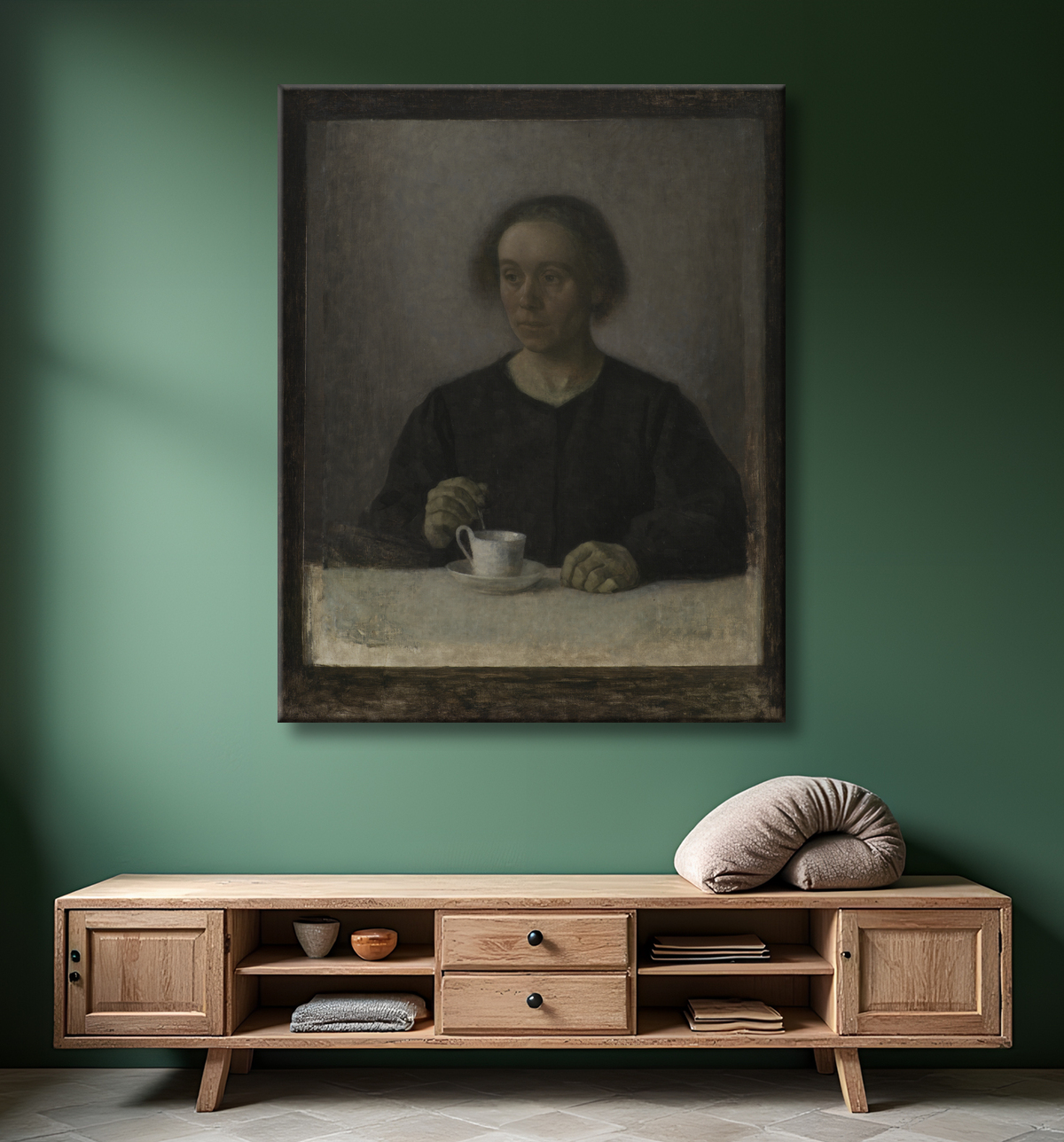 Reproduction Ida Hammershøi, la femme de l'artiste, avec une tasse de thé de Hammershøi, Vilhelm avec decor