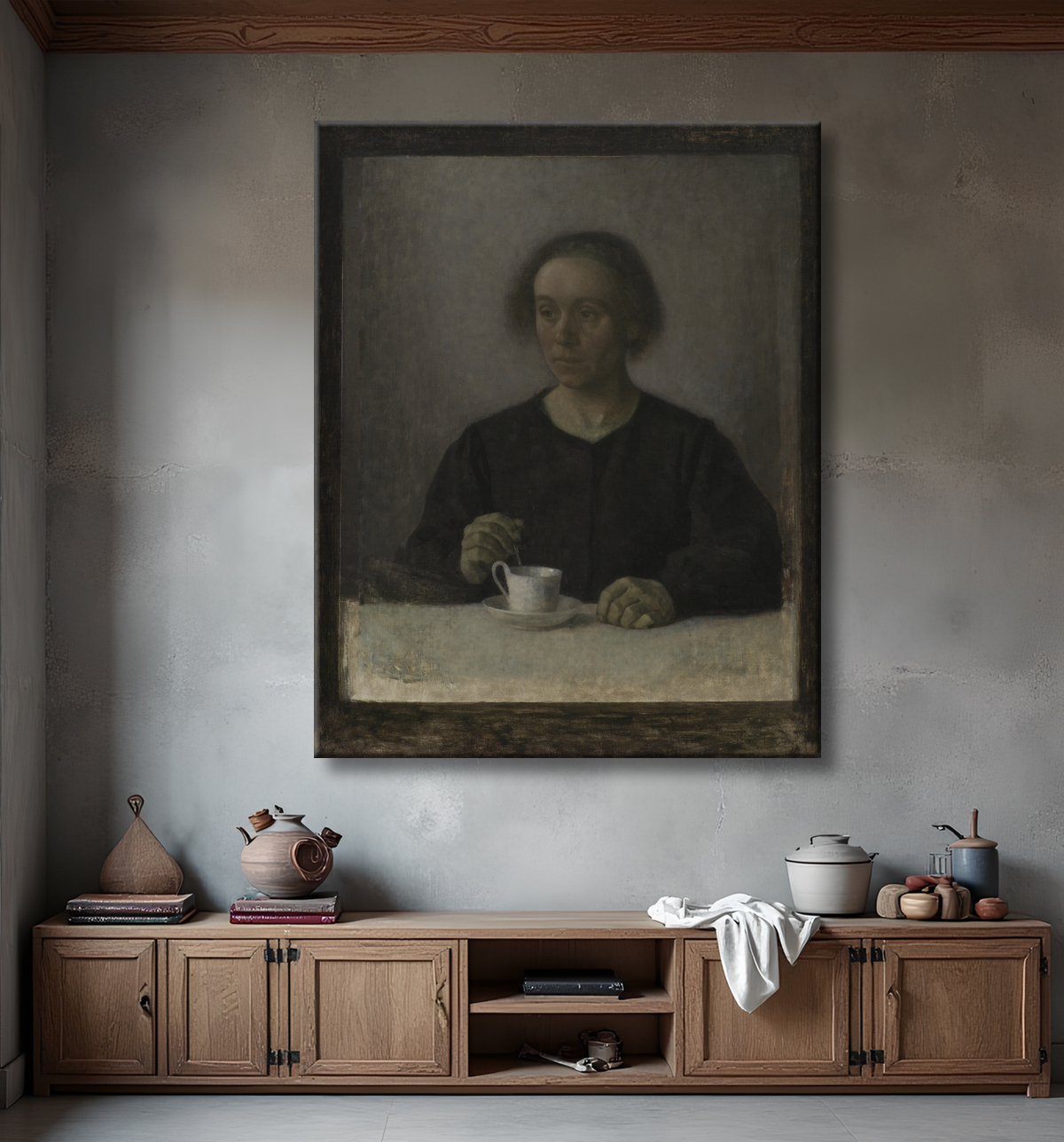 Reproduction Ida Hammershøi, la femme de l'artiste, avec une tasse de thé de Hammershøi, Vilhelm avec decor