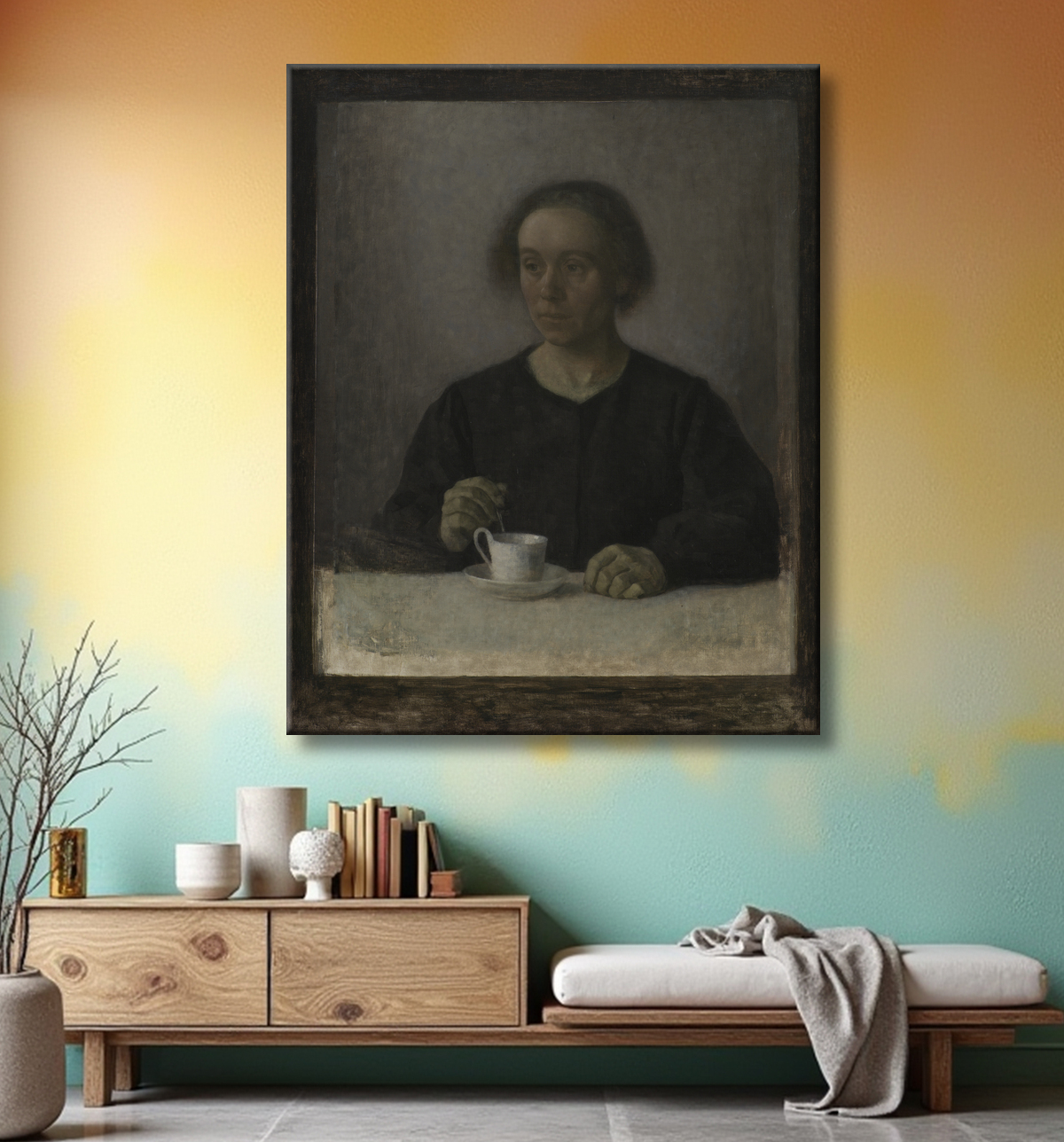 Reproduction Ida Hammershøi, la femme de l'artiste, avec une tasse de thé de Hammershøi, Vilhelm avec decor