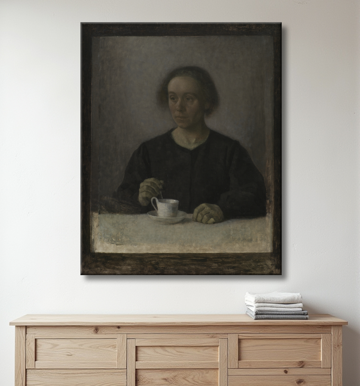 Reproduction Ida Hammershøi, la femme de l'artiste, avec une tasse de thé de Hammershøi, Vilhelm avec decor
