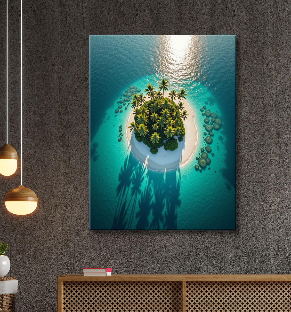 Tableau paysage aérien île déserte paradisiaque avec decor