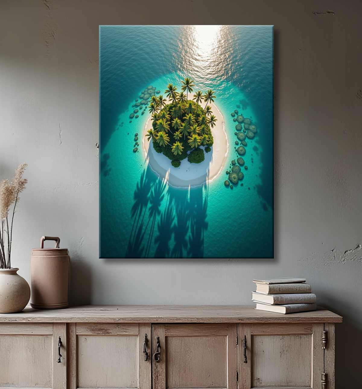 Tableau paysage aérien île déserte paradisiaque avec decor