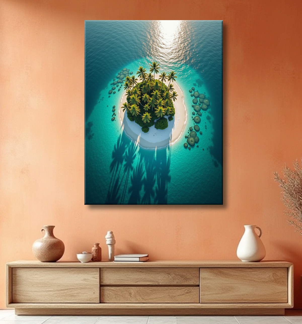 Tableau paysage aérien île déserte paradisiaque avec decor