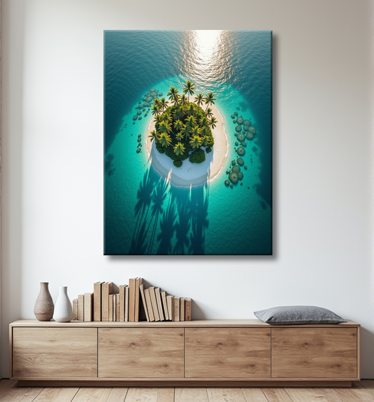 Tableau paysage aérien île déserte paradisiaque avec decor