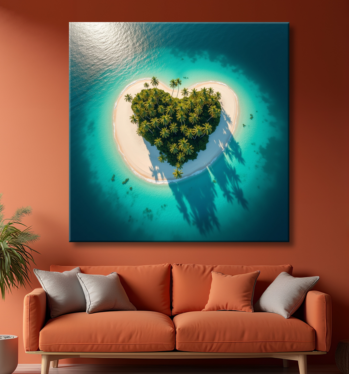 Tableau paysage aérien île déserte paradisiaque avec decor