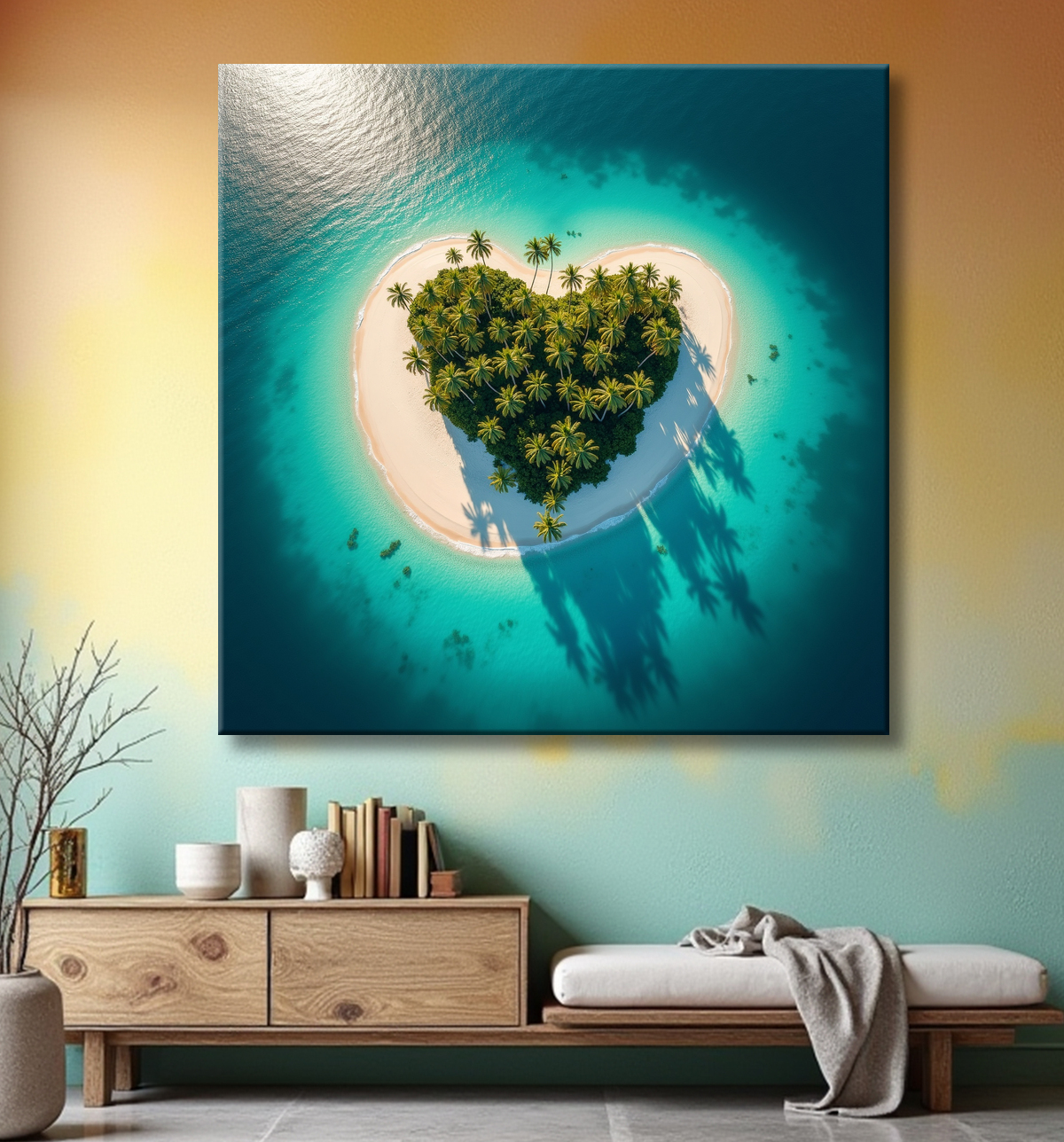 Tableau paysage aérien île déserte paradisiaque avec decor