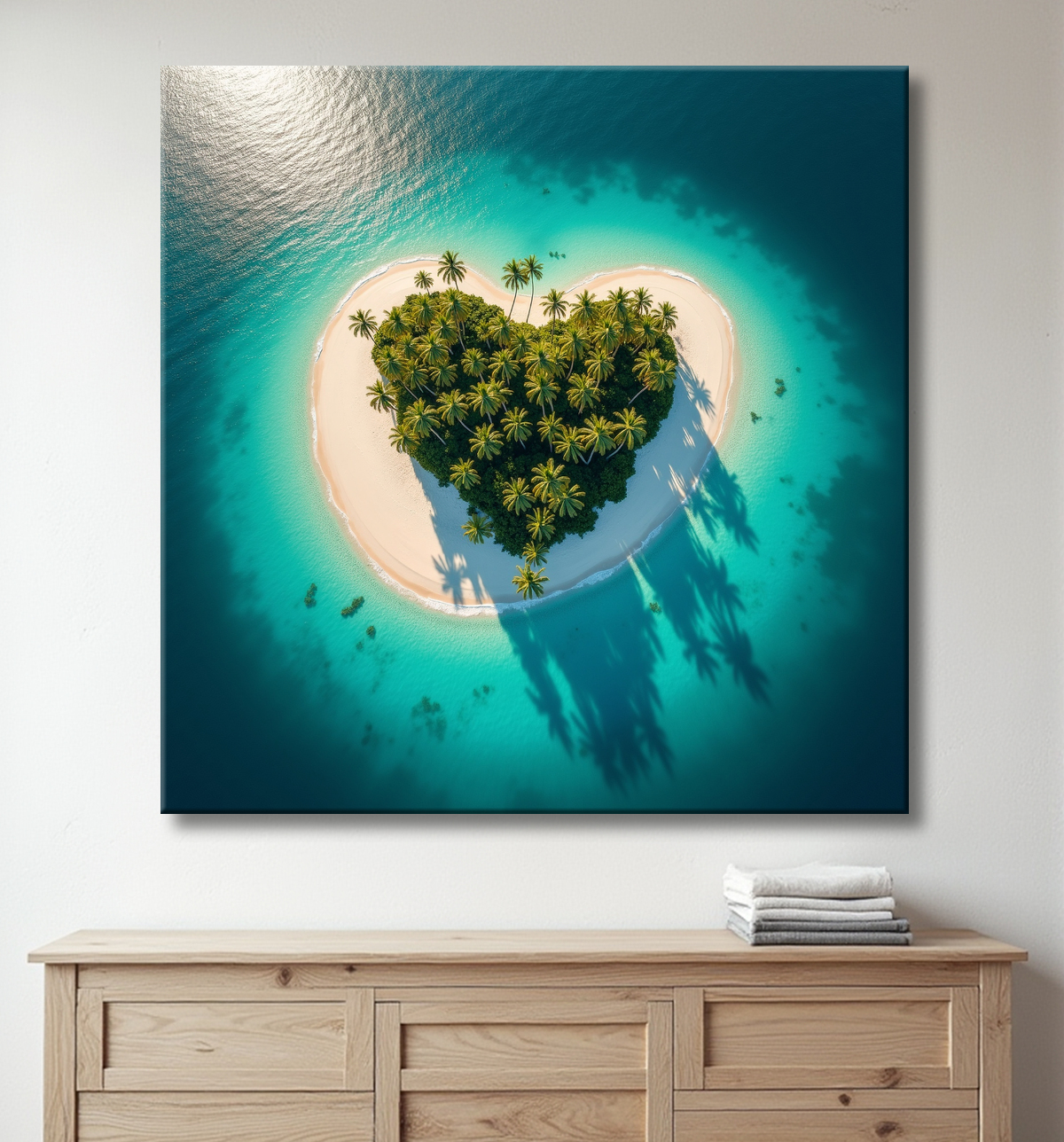 Tableau paysage aérien île déserte paradisiaque avec decor