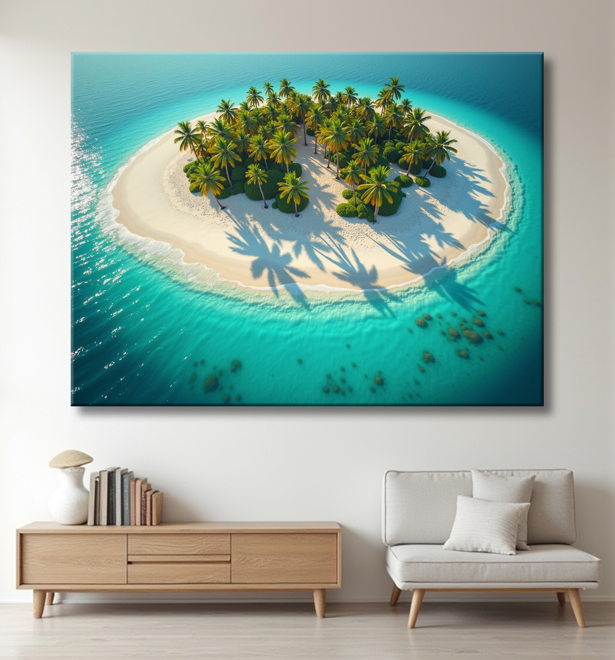 Tableau paysage aérien île déserte paradisiaque avec decor