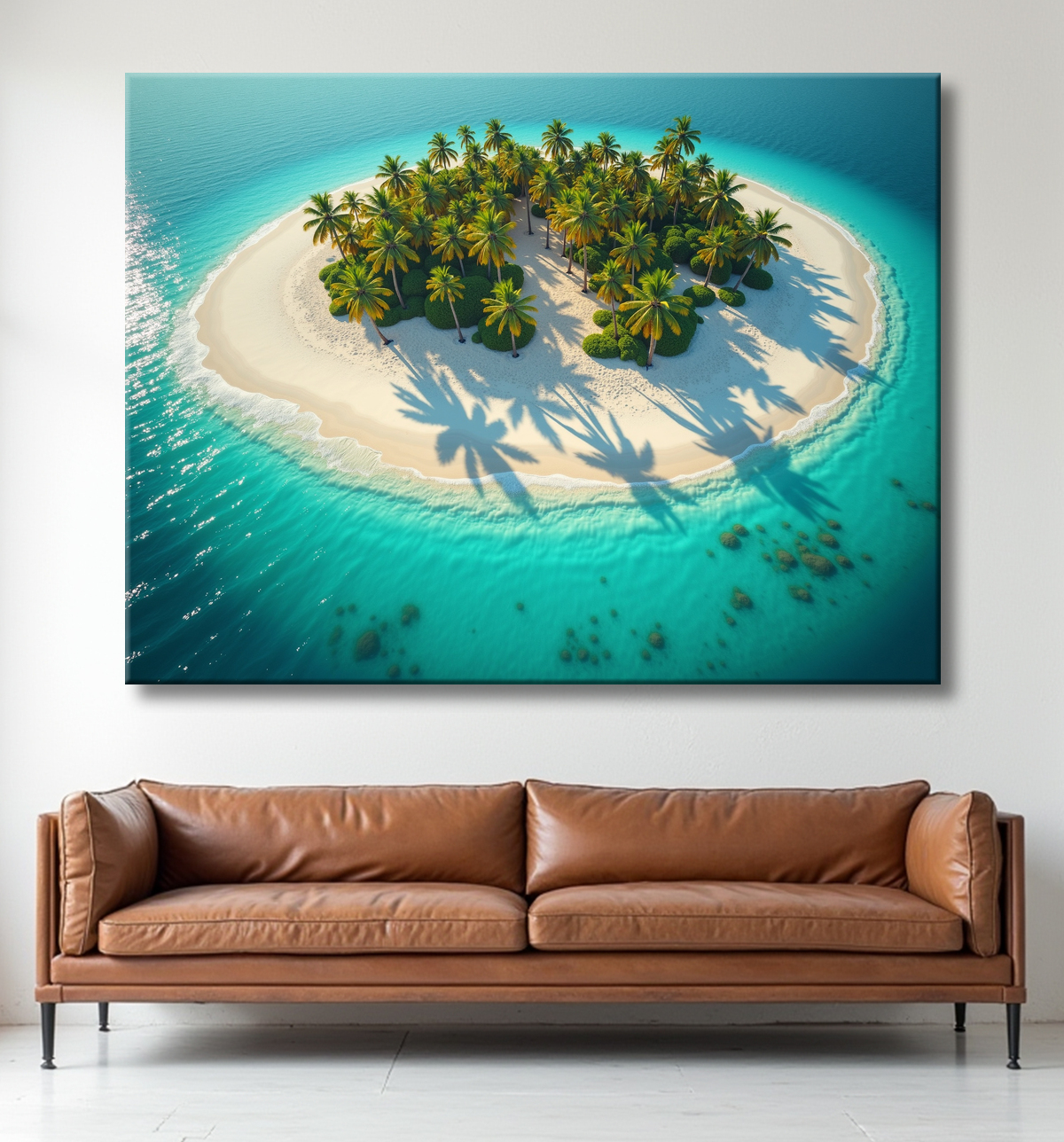 Tableau paysage aérien île déserte paradisiaque avec decor