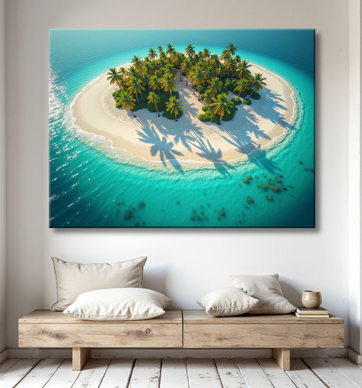 Tableau paysage aérien île déserte paradisiaque avec decor