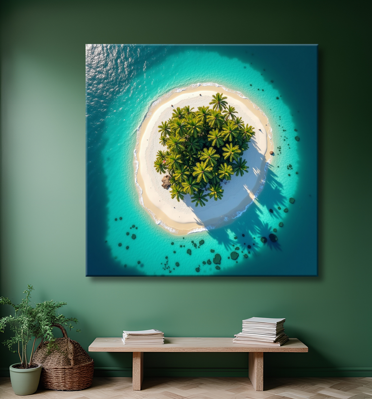Tableau paysage aérien île déserte paradisiaque avec decor