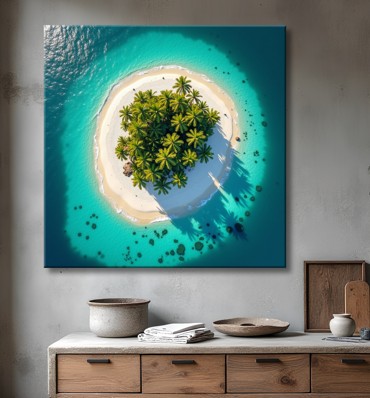 Tableau paysage aérien île déserte paradisiaque avec decor