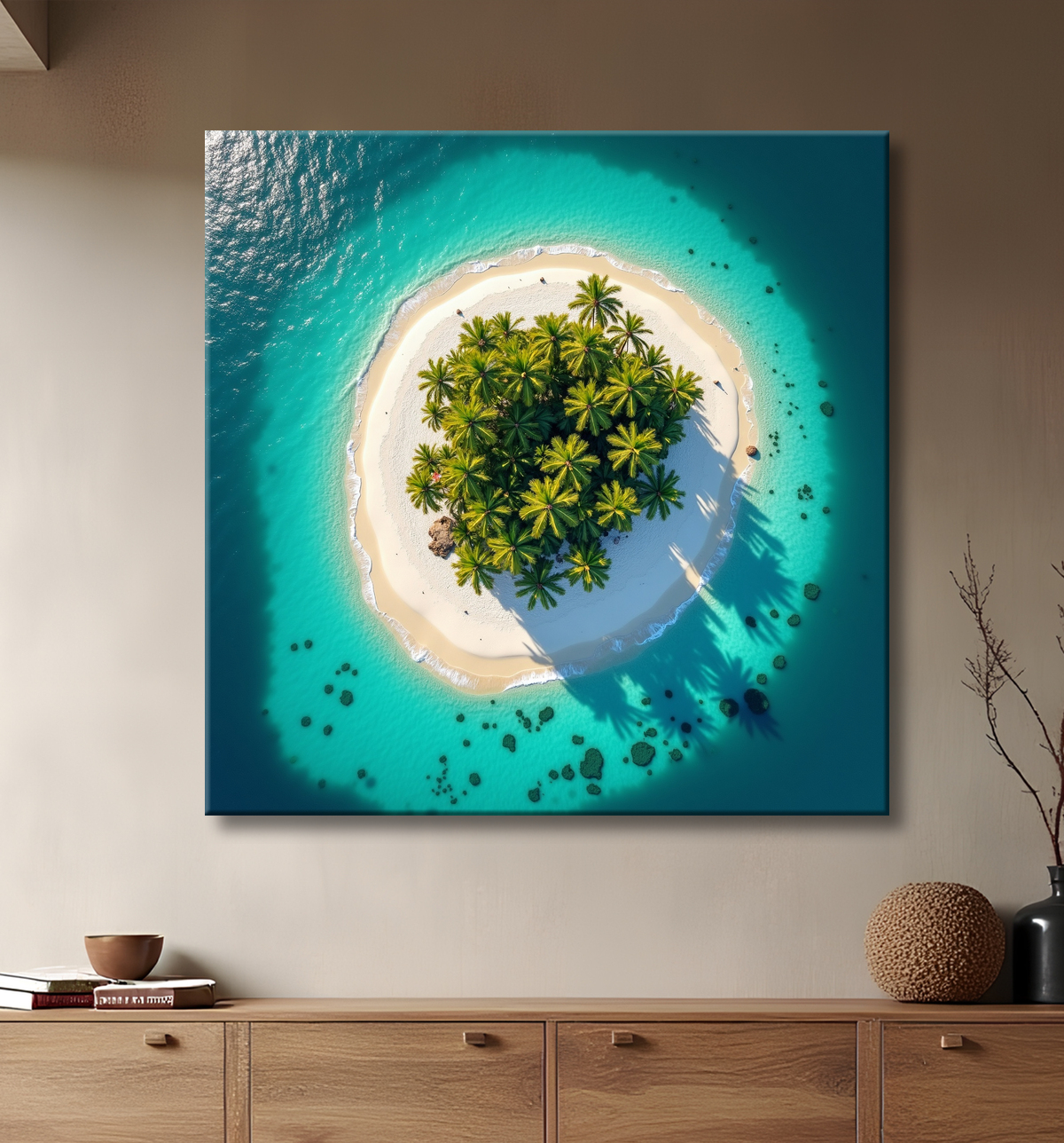 Tableau paysage aérien île déserte paradisiaque avec decor