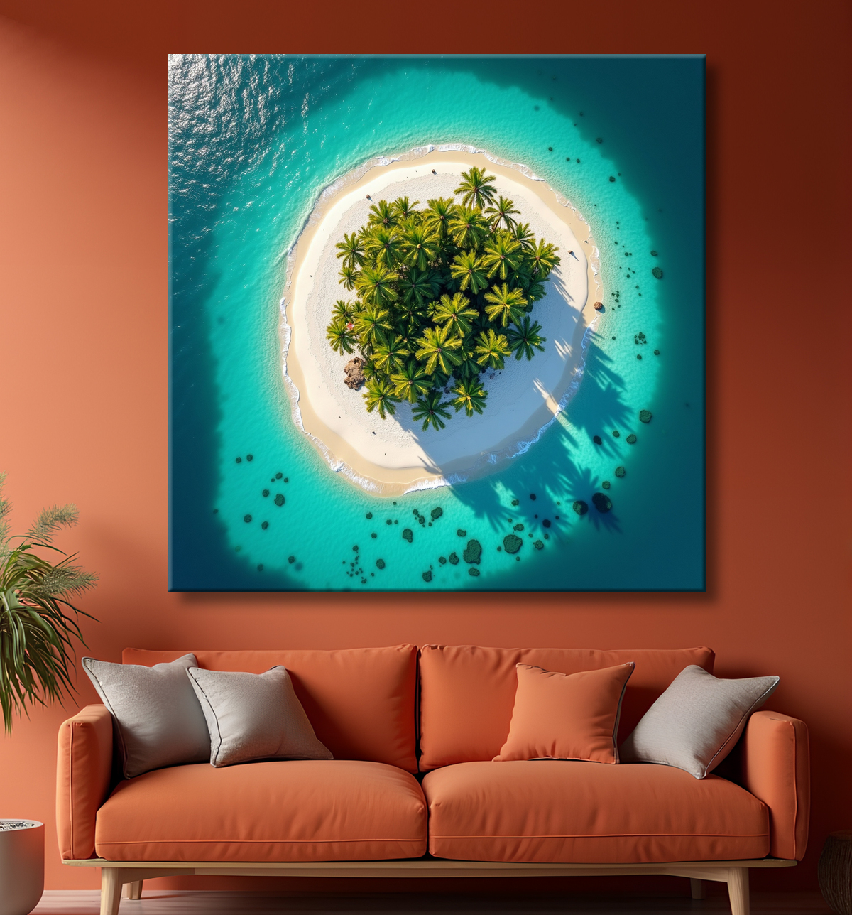 Tableau paysage aérien île déserte paradisiaque avec decor