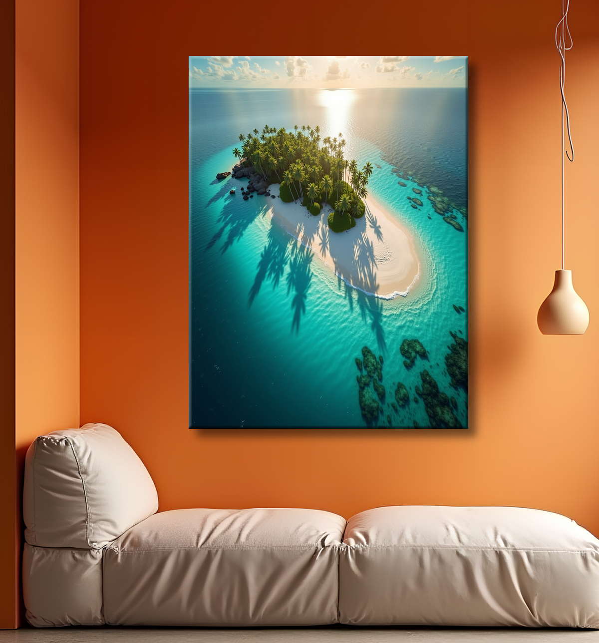Tableau paysage aérien île déserte paradisiaque avec decor