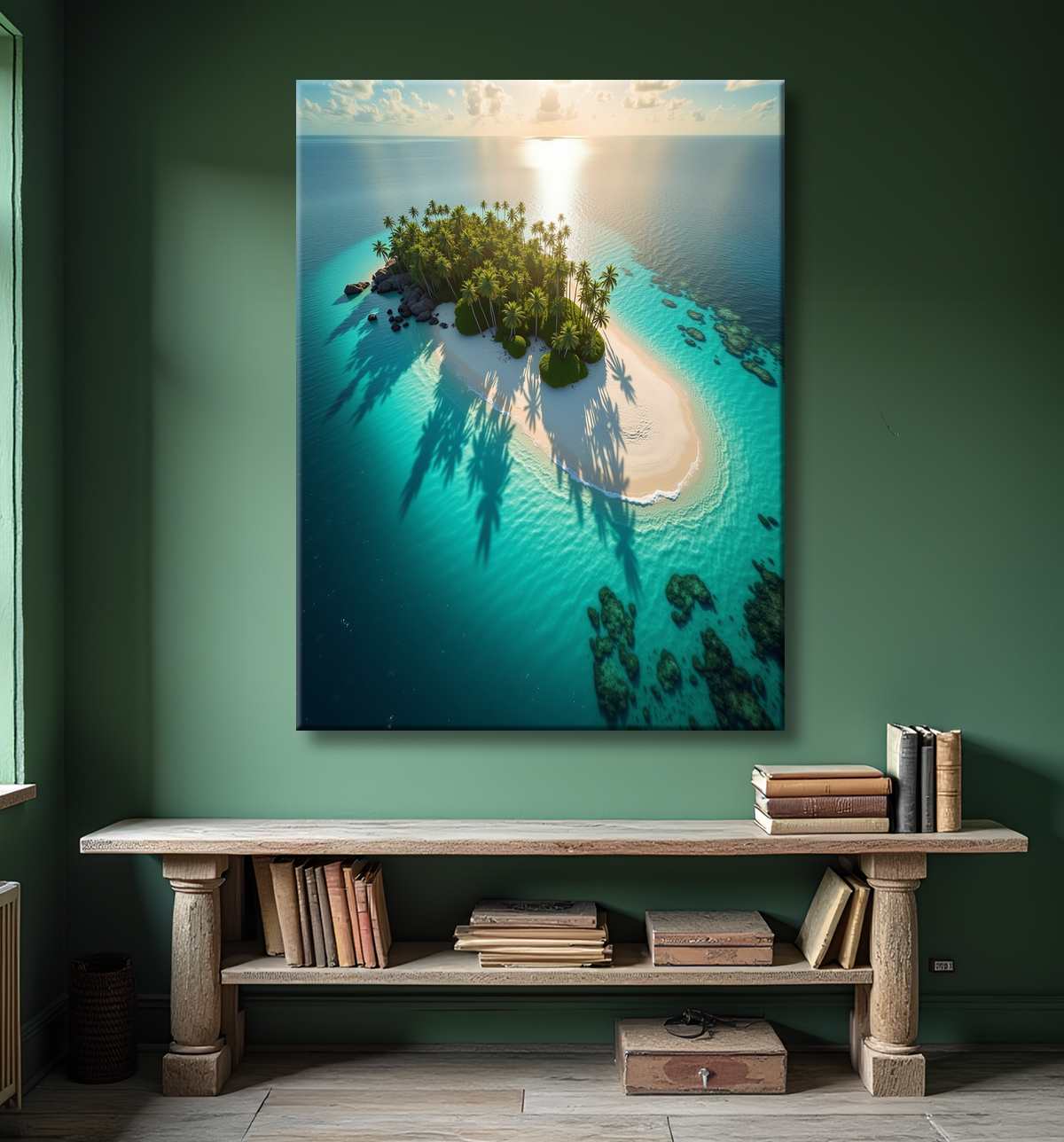 Tableau paysage aérien île déserte paradisiaque avec decor