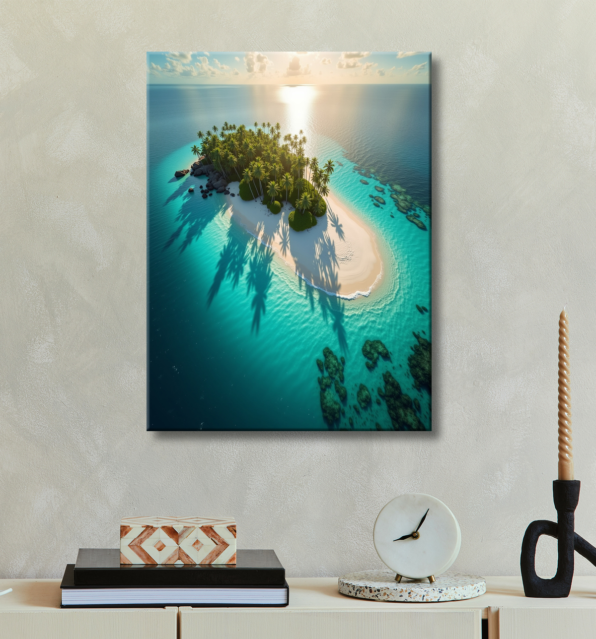 Tableau paysage aérien île déserte paradisiaque avec decor