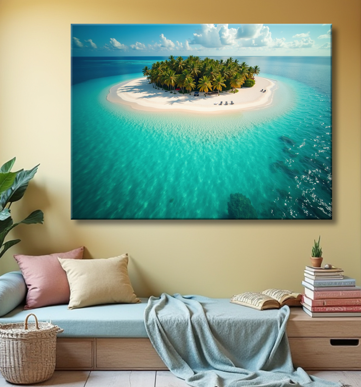 Tableau paysage aérien île déserte paradisiaque avec decor