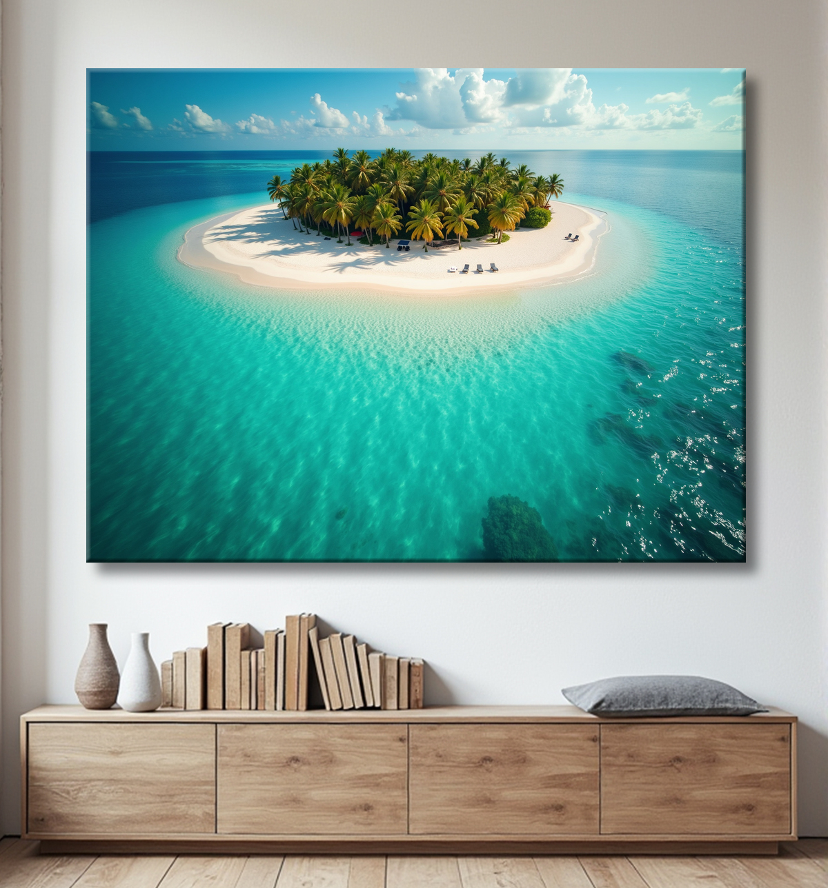Tableau paysage aérien île déserte paradisiaque avec decor