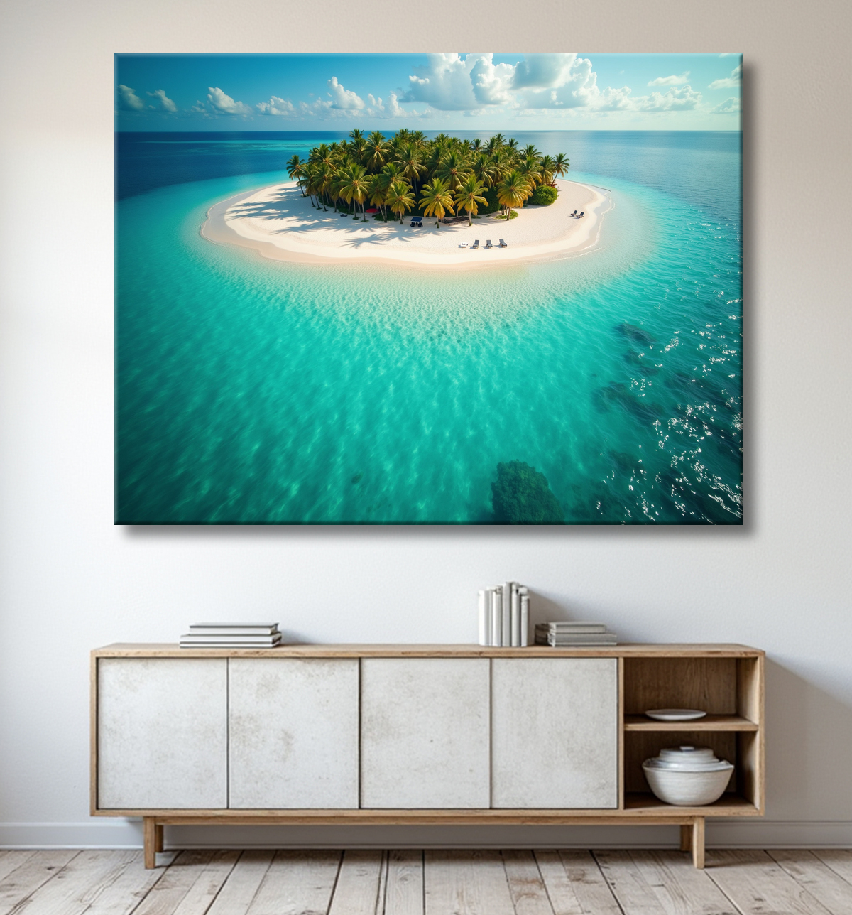 Tableau paysage aérien île déserte paradisiaque avec decor