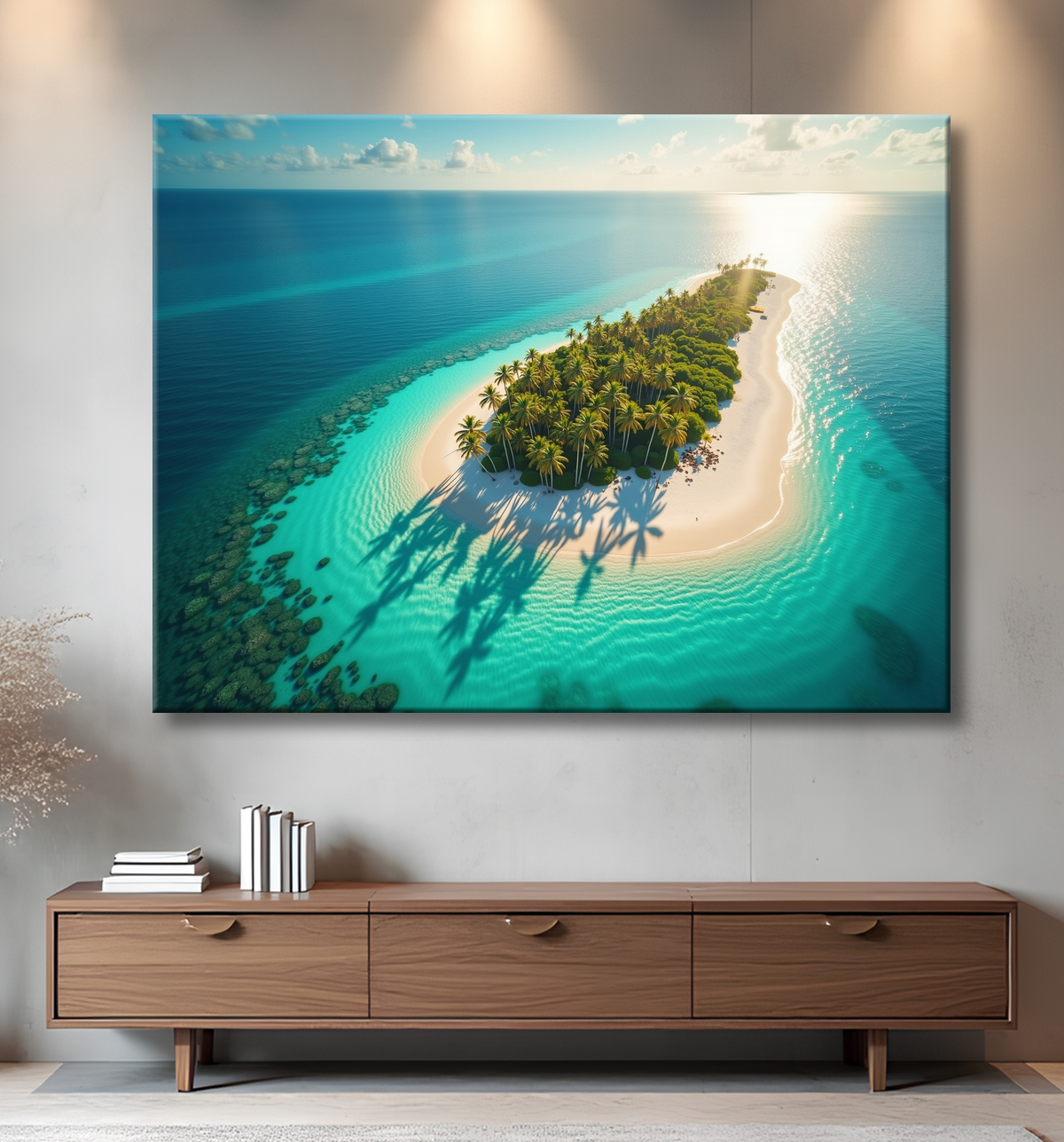Tableau paysage aérien île déserte paradisiaque avec decor