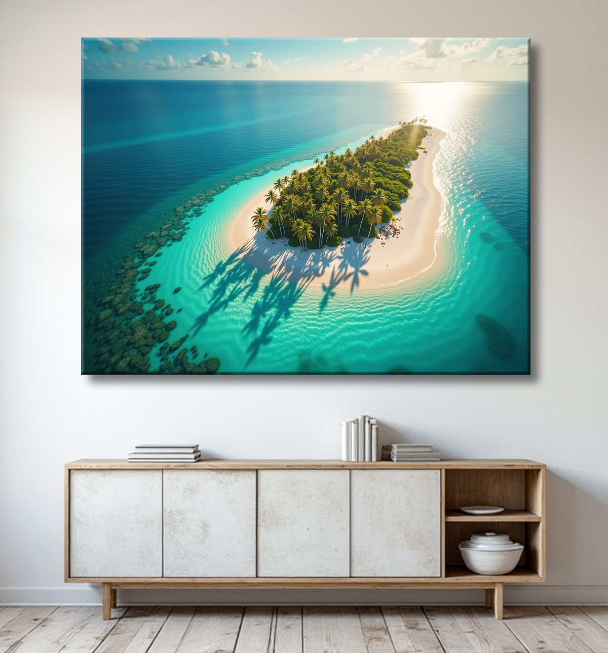 Tableau paysage aérien île déserte paradisiaque avec decor