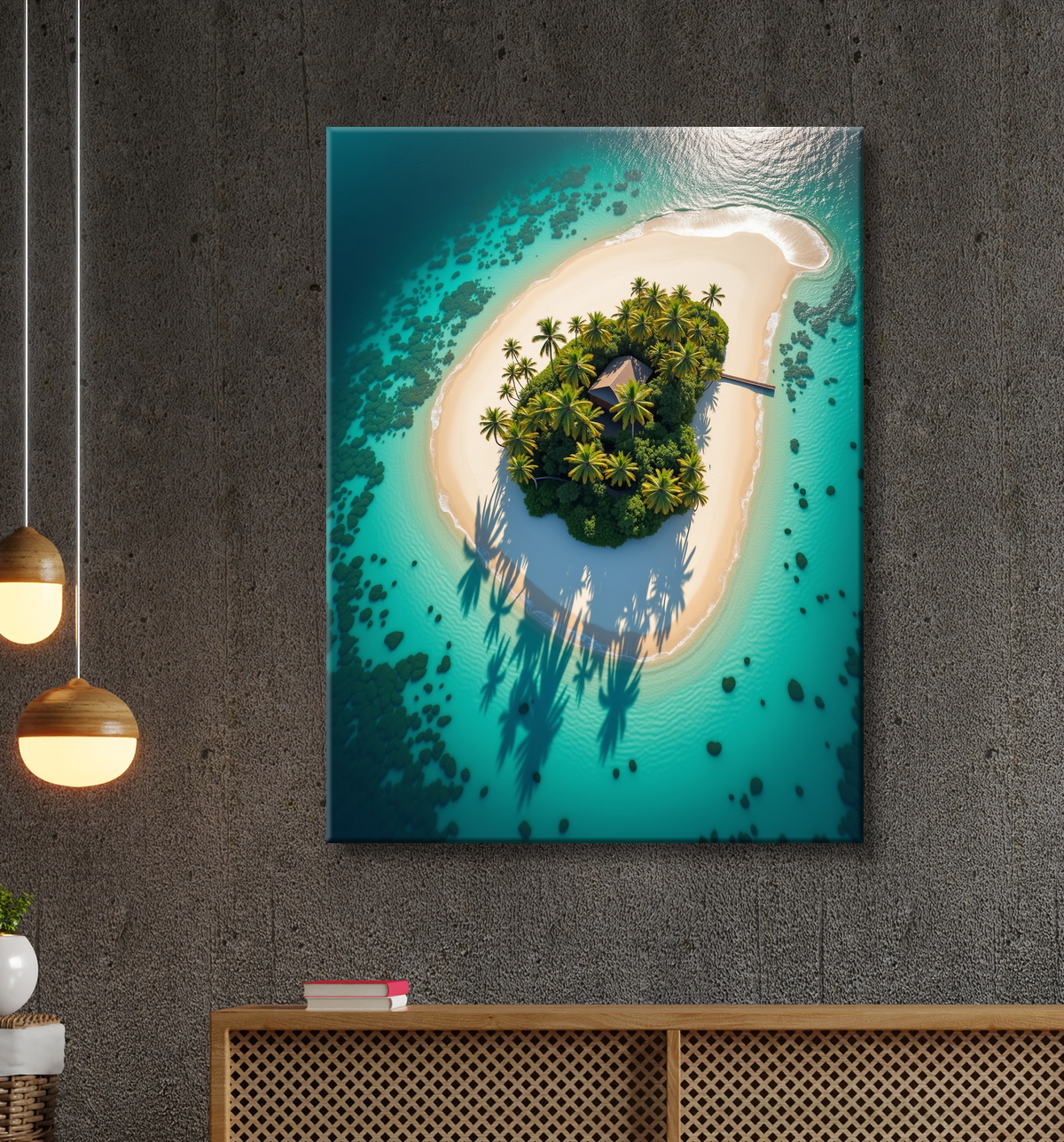Tableau paysage aérien île déserte paradisiaque avec decor