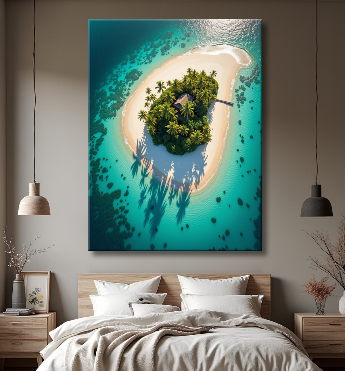 Tableau paysage aérien île déserte paradisiaque avec decor