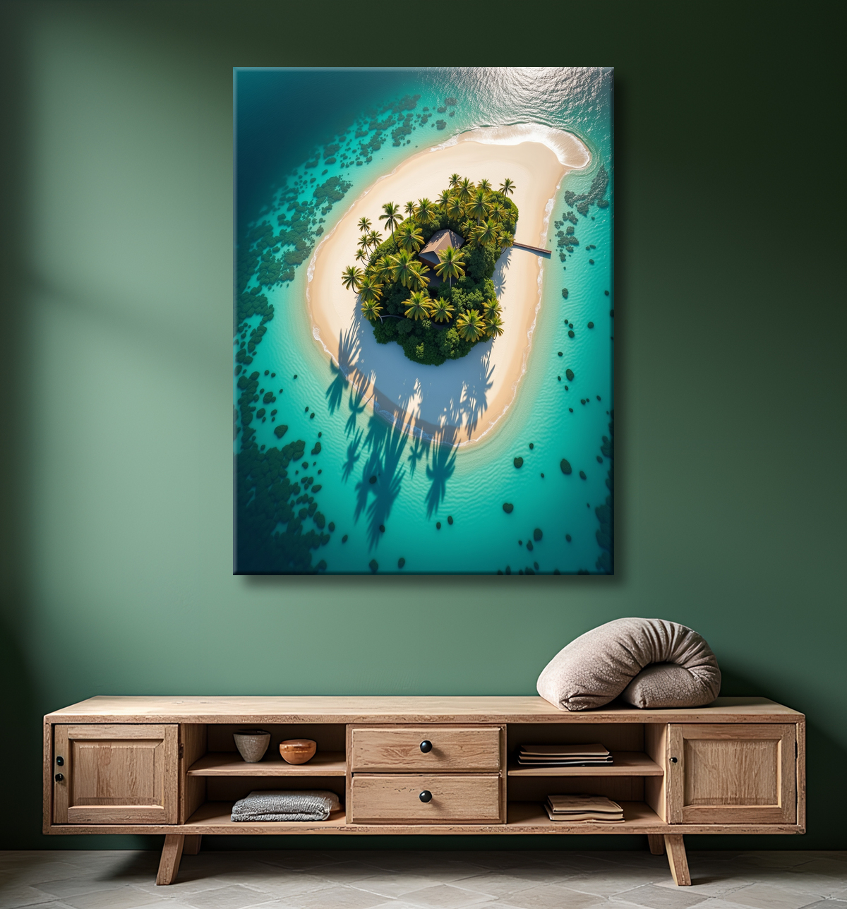 Tableau paysage aérien île déserte paradisiaque avec decor