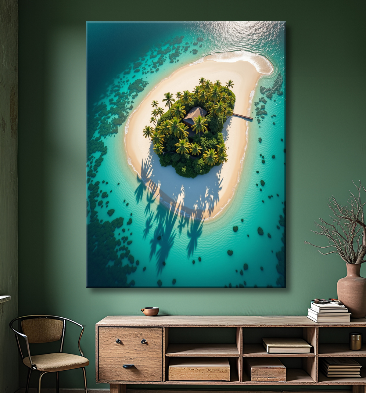 Tableau paysage aérien île déserte paradisiaque avec decor