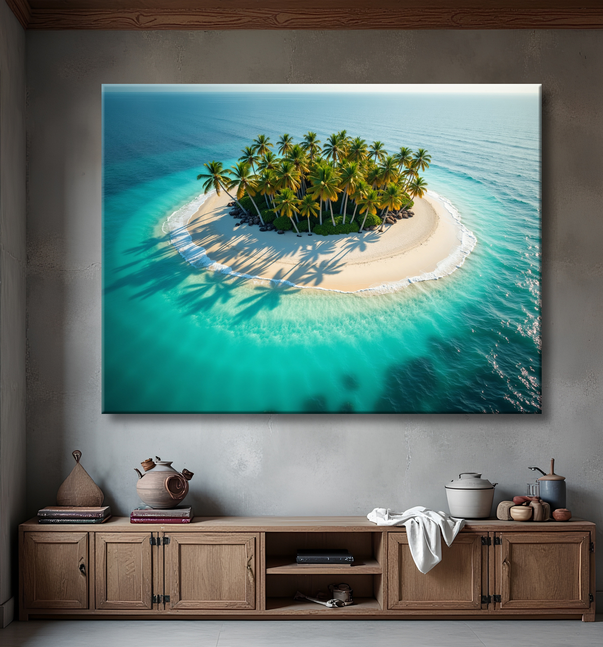 Tableau paysage aérien île déserte paradisiaque avec decor