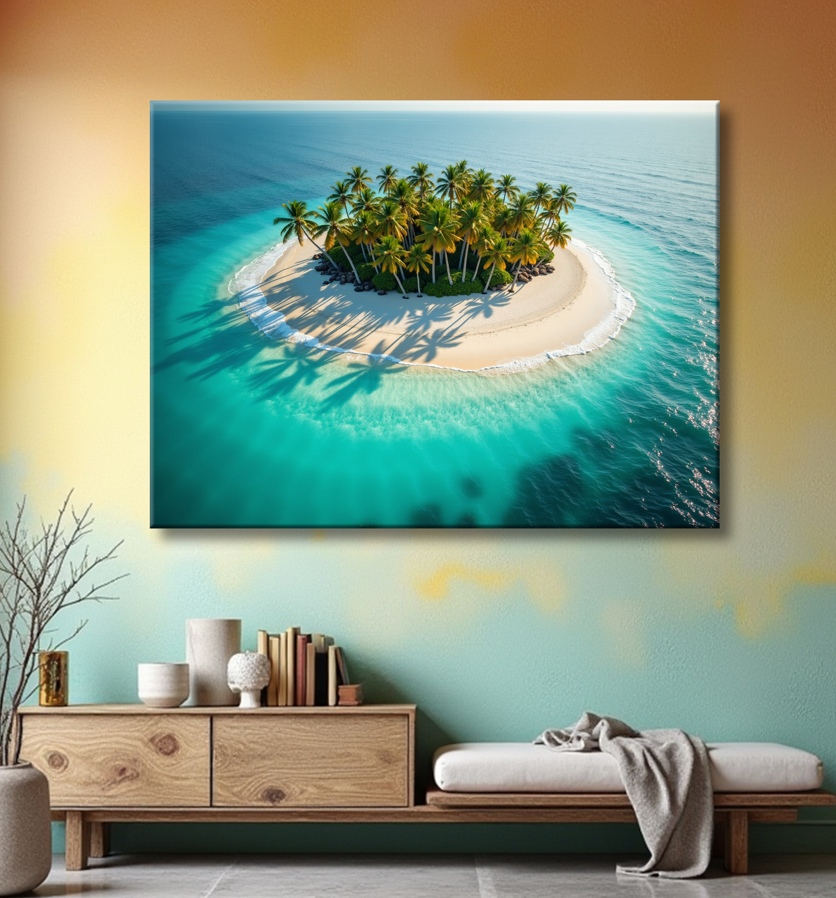 Tableau paysage aérien île déserte paradisiaque avec decor