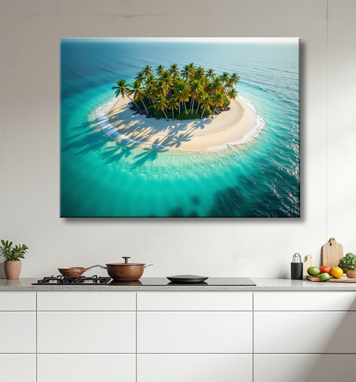 Tableau paysage aérien île déserte paradisiaque avec decor