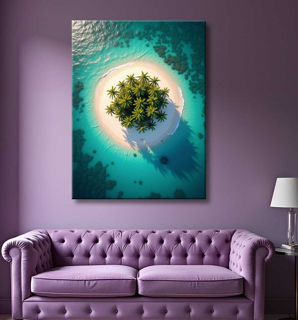 Tableau paysage aérien île déserte paradisiaque avec decor