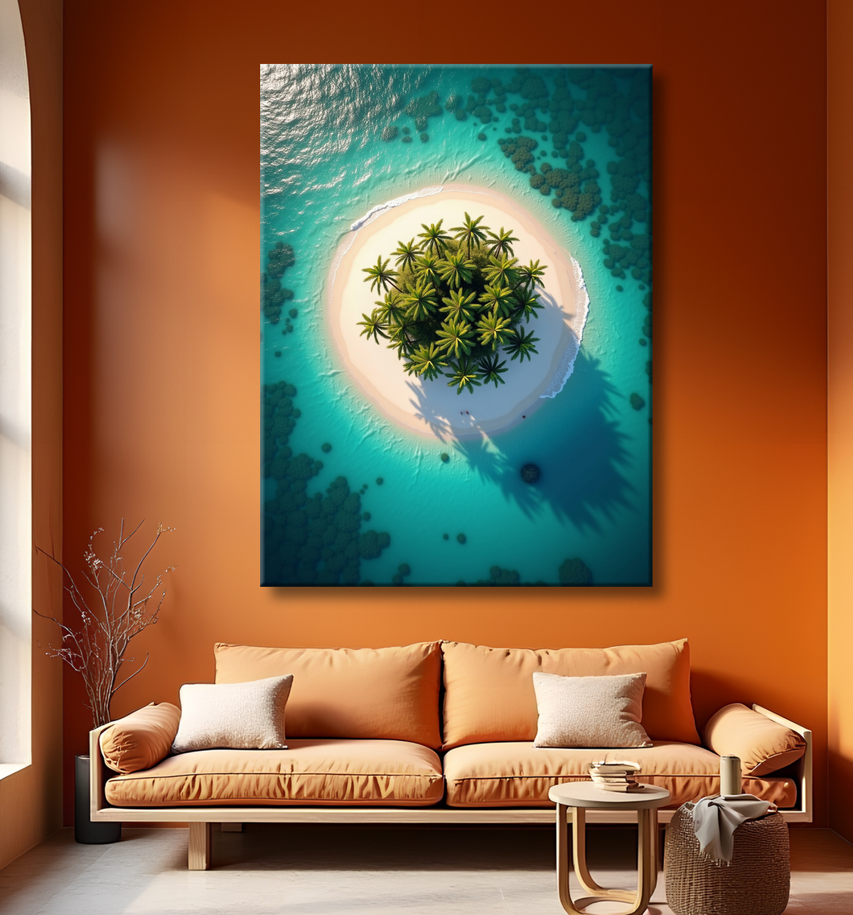 Tableau paysage aérien île déserte paradisiaque avec decor