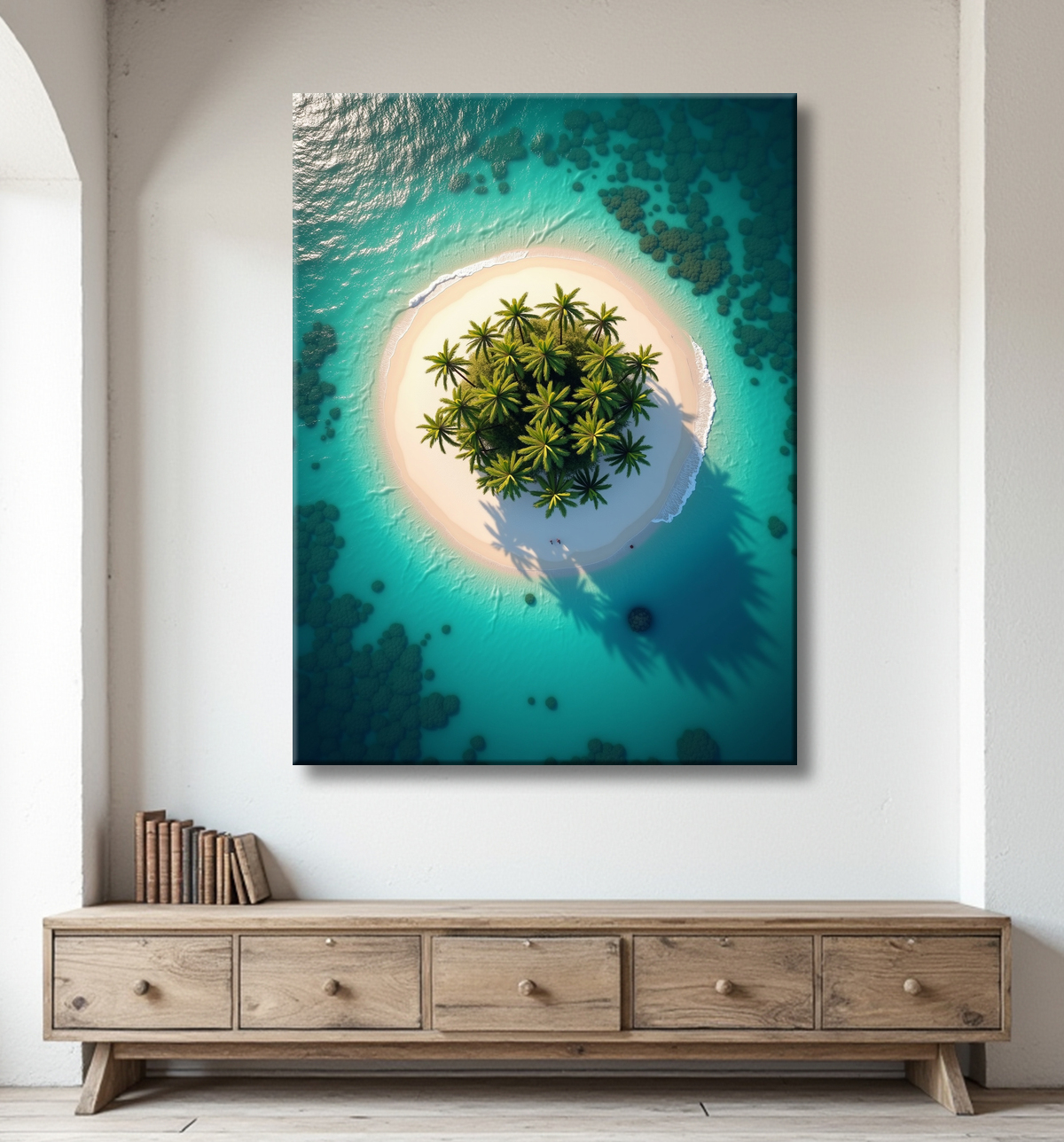 Tableau paysage aérien île déserte paradisiaque avec decor