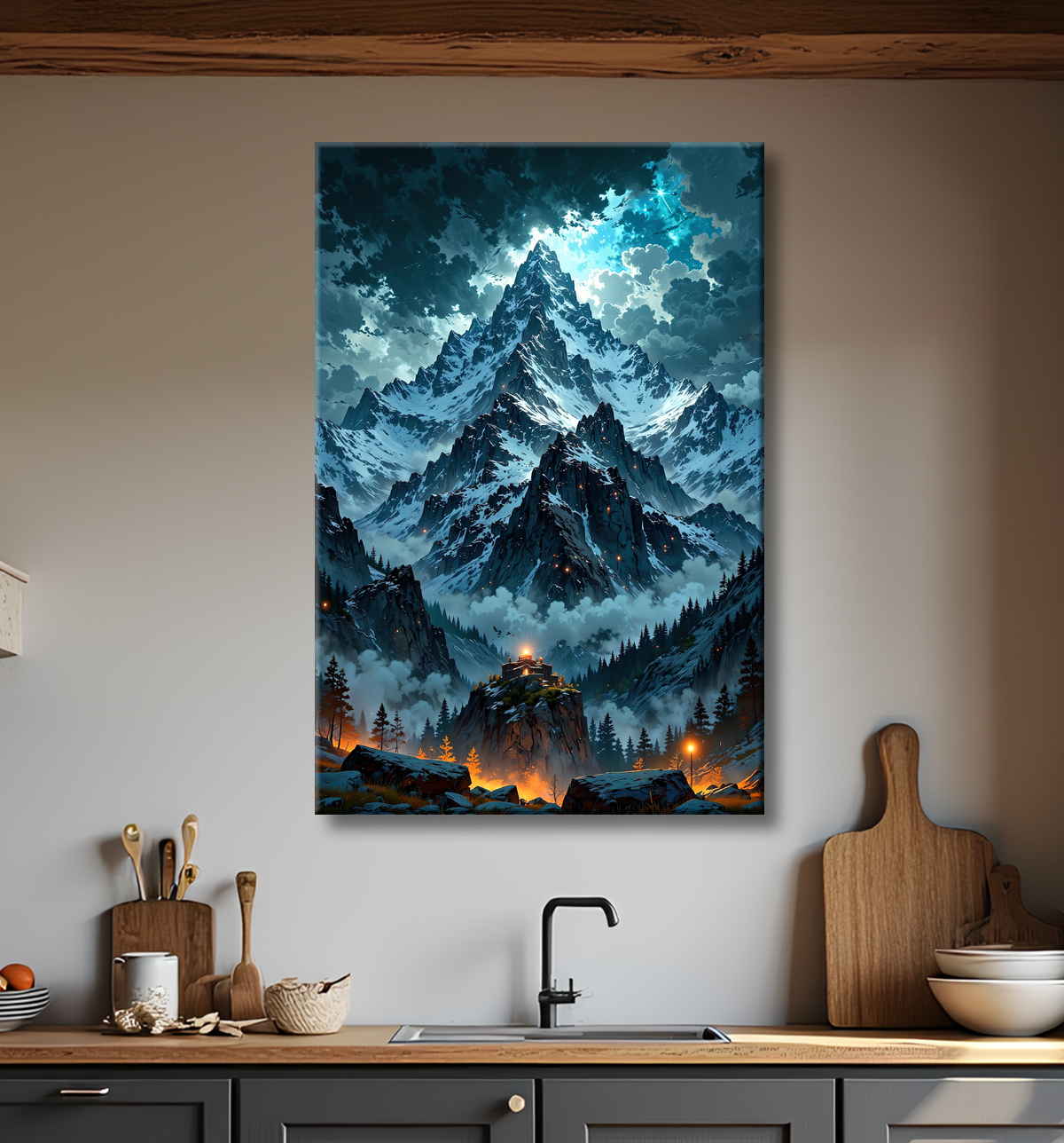 Tableau montagne enneigée monumentale avec decor