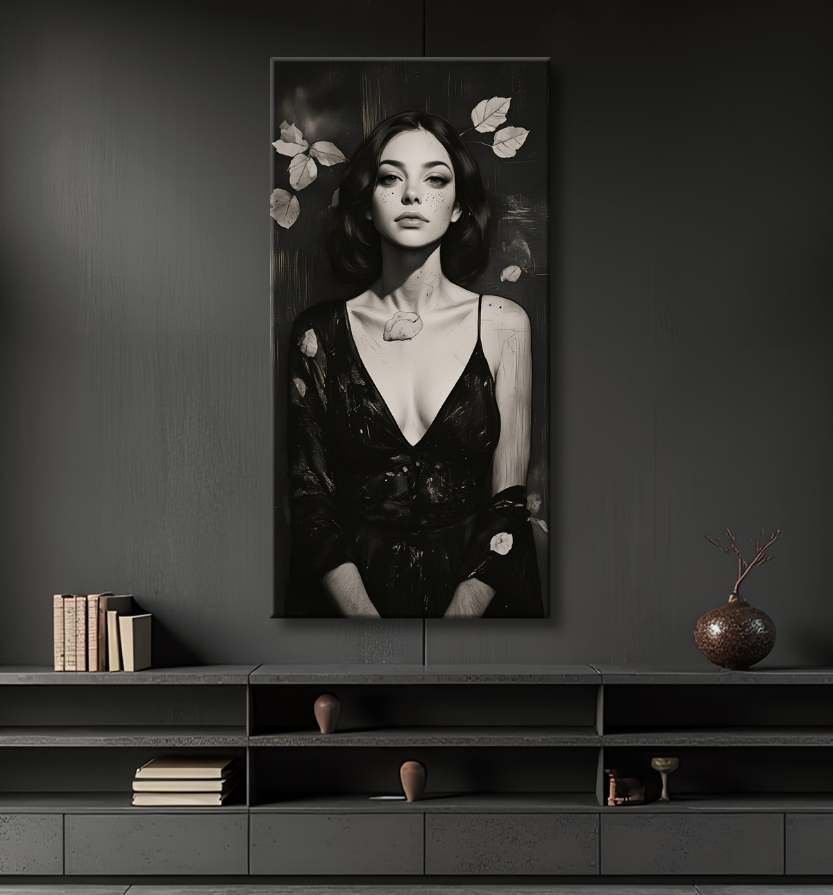 Tableau portrait féminin style manga et végétal avec decor
