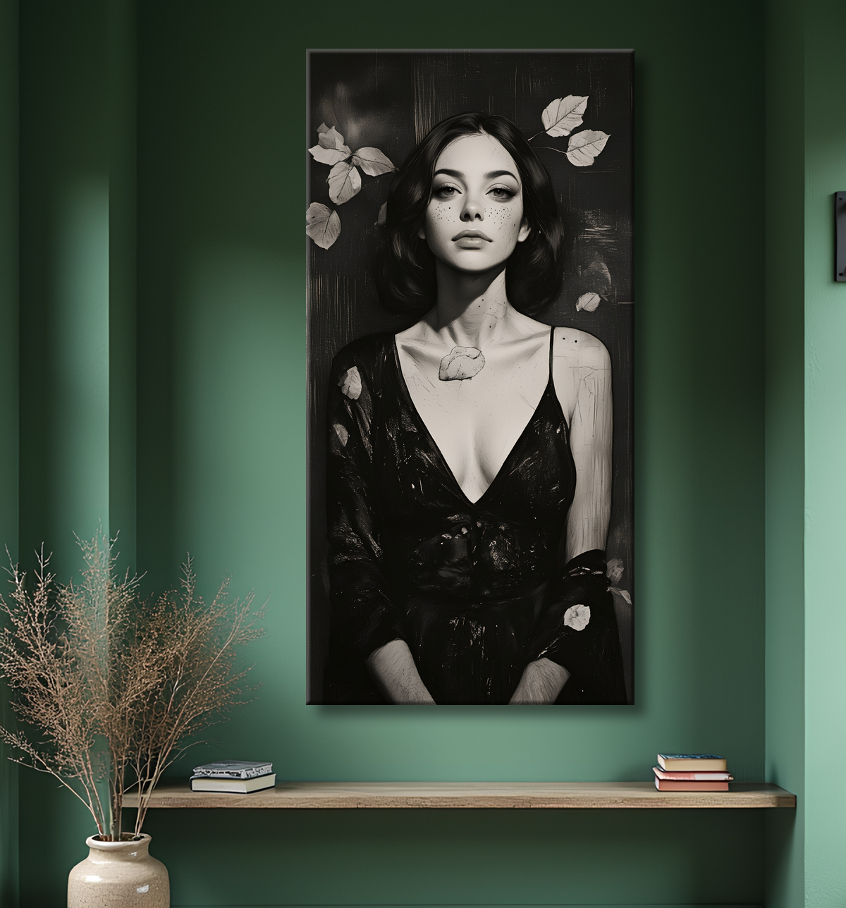 Tableau portrait féminin style manga et végétal avec decor