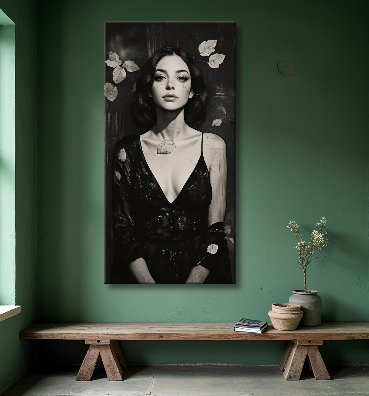 Tableau portrait féminin style manga et végétal avec decor