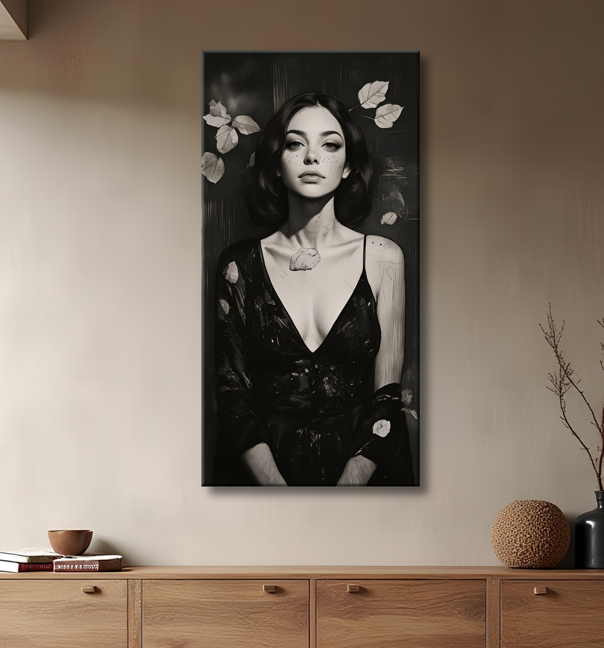 Tableau portrait féminin style manga et végétal avec decor