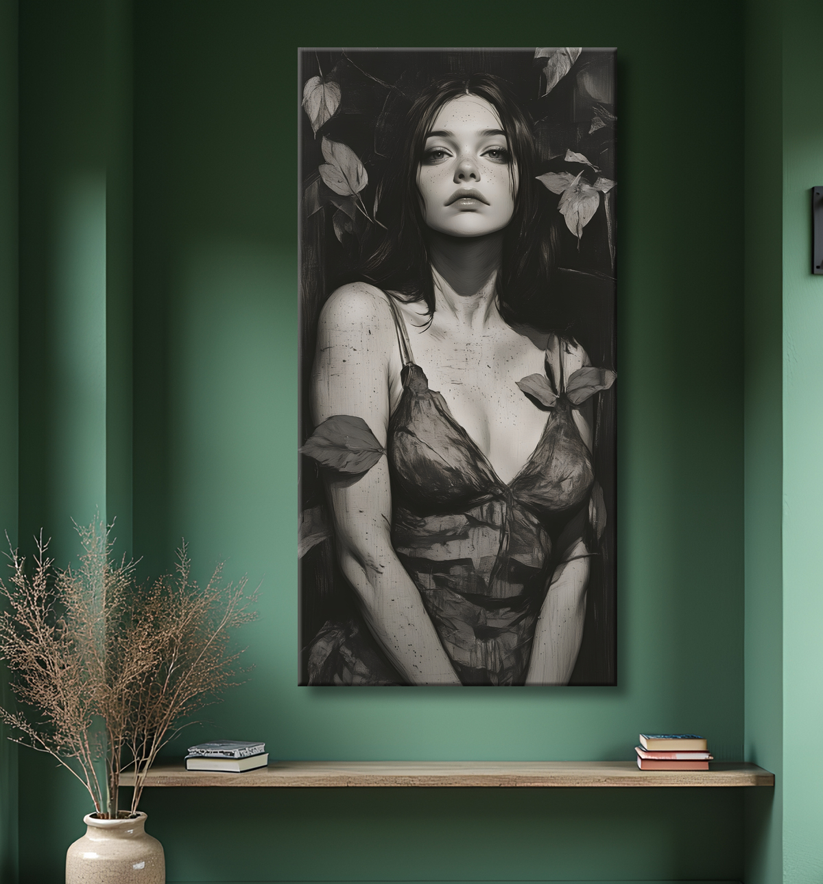 Tableau portrait féminin style manga et végétal avec decor