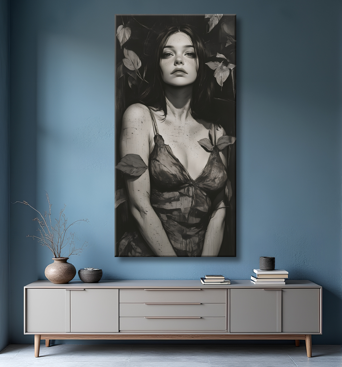 Tableau portrait féminin style manga et végétal avec decor