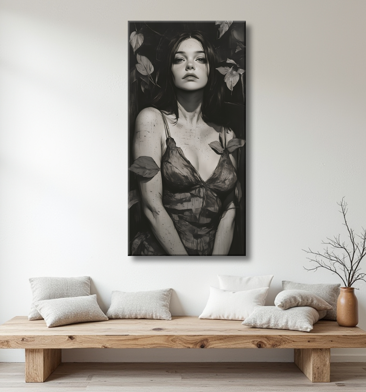Tableau portrait féminin style manga et végétal avec decor