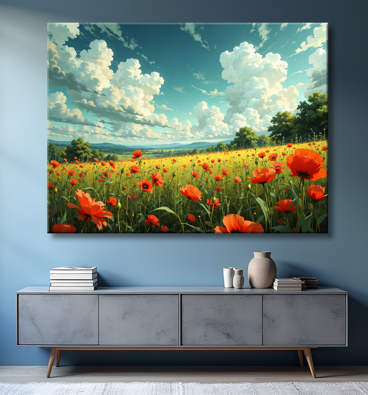 Tableau paysage de coquelicots colorés avec decor